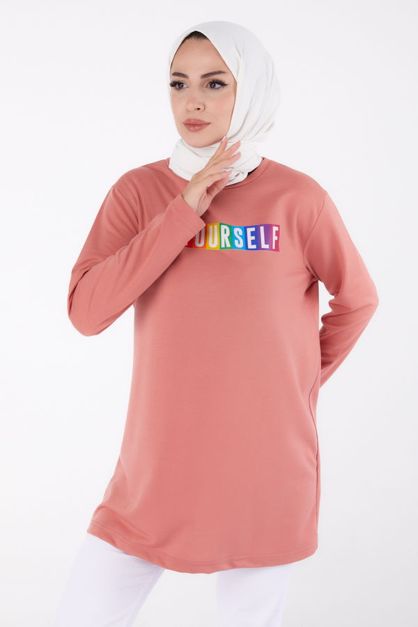 Düz Bisiklet Yaka Kadın Pembe Baskılı Sweatshirt - 13331