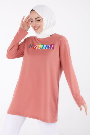 Düz Bisiklet Yaka Kadın Pembe Baskılı Sweatshirt - 13331