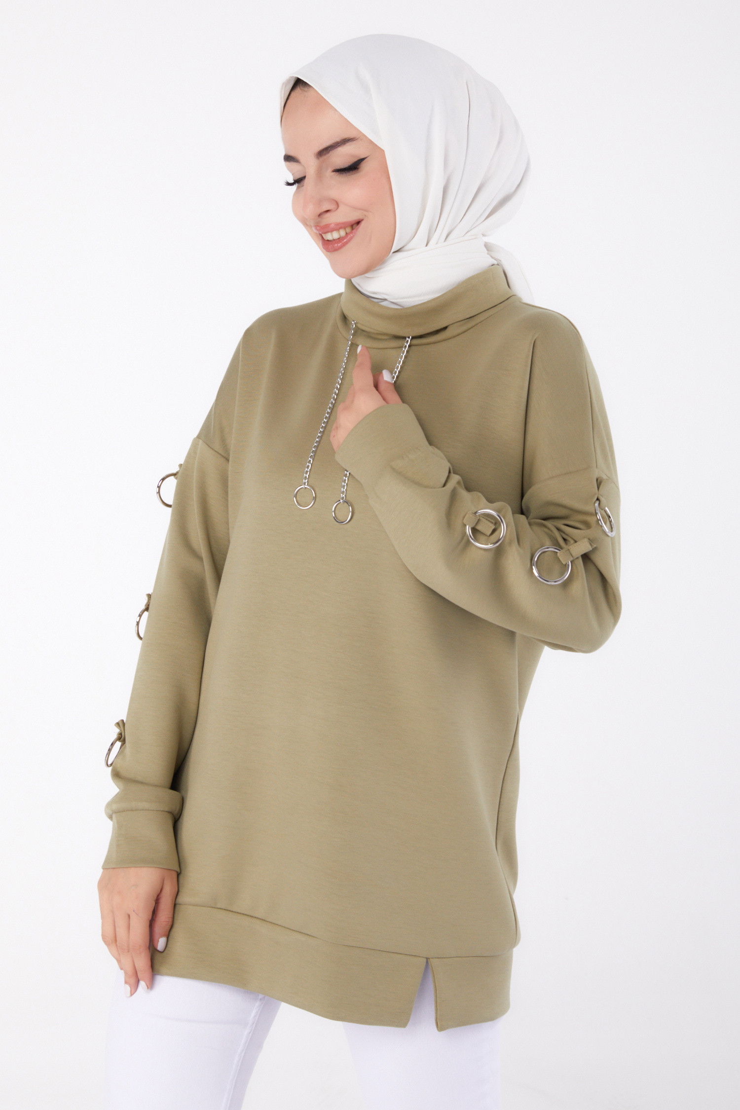 Düz Yarım Balıkçı Yaka Kadın Haki Halka Detaylı Tunik - 26477 HAKİ