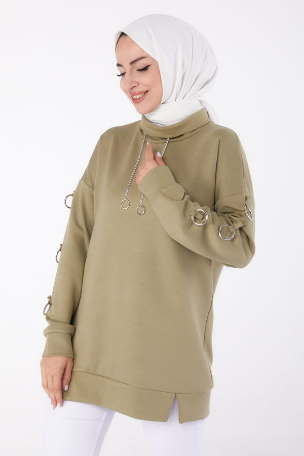 Düz Yarım Balıkçı Yaka Kadın Haki Halka Detaylı Tunik - 26477 HAKİ