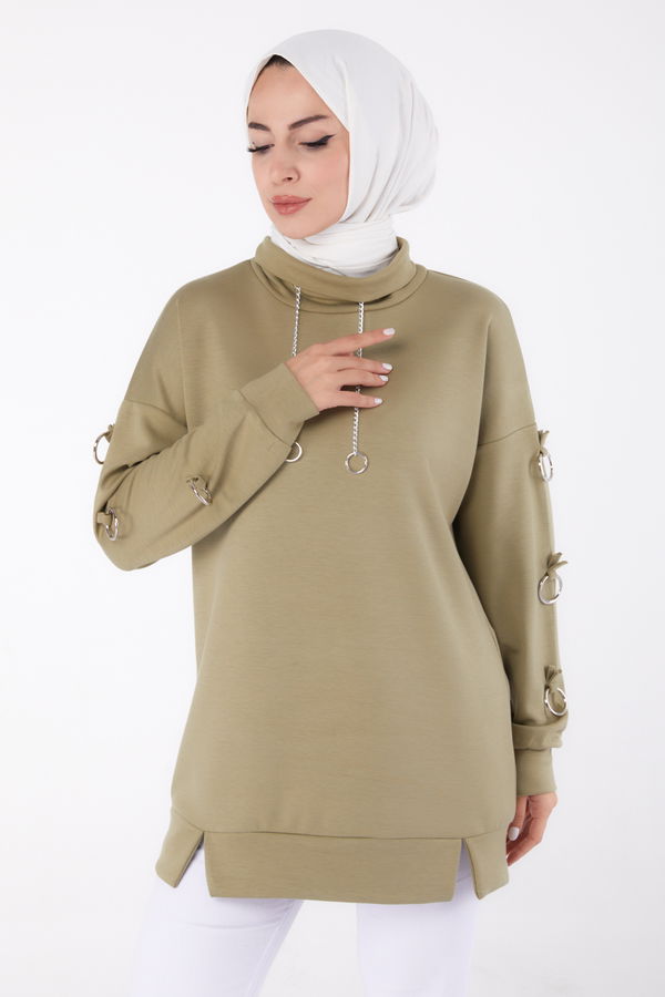 Düz Yarım Balıkçı Yaka Kadın Haki Halka Detaylı Tunik - 26477 HAKİ