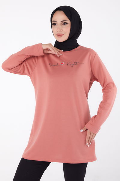 Düz Bisiklet Yaka Kadın Pembe Baskılı Sweatshirt - 13328