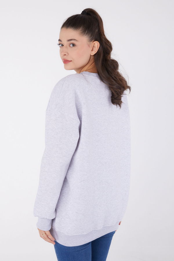 Düz Bisiklet Yaka Kadın Gri Baskılı Sweatshirt - 26475 GRİ