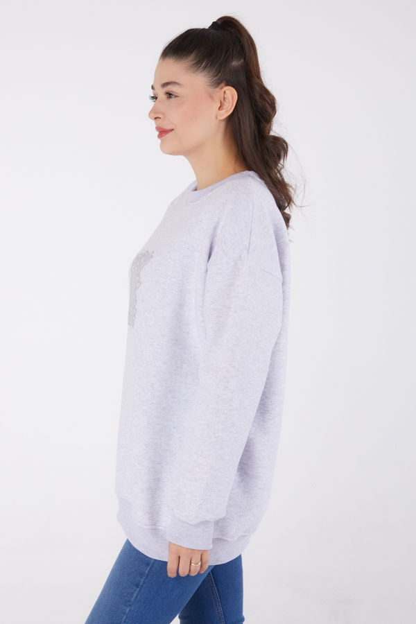 Düz Bisiklet Yaka Kadın Gri Baskılı Sweatshirt - 26475 GRİ
