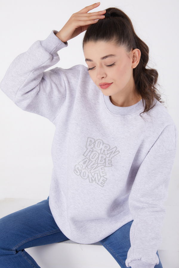 Düz Bisiklet Yaka Kadın Gri Baskılı Sweatshirt - 26475 GRİ