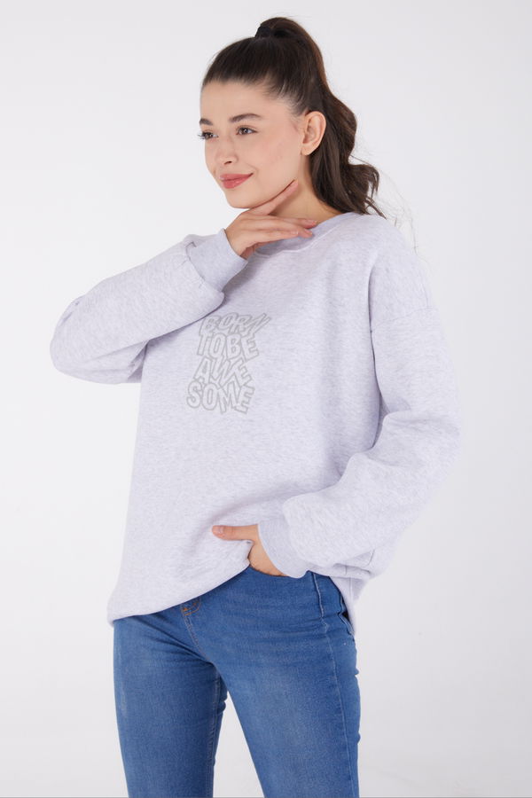 Düz Bisiklet Yaka Kadın Gri Baskılı Sweatshirt - 26475 GRİ