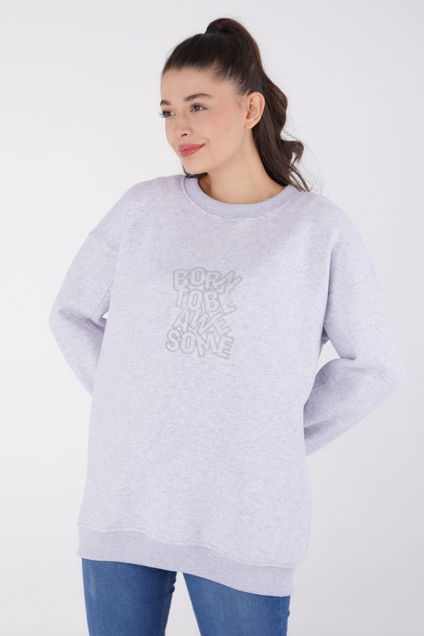 Düz Bisiklet Yaka Kadın Gri Baskılı Sweatshirt - 26475 GRİ