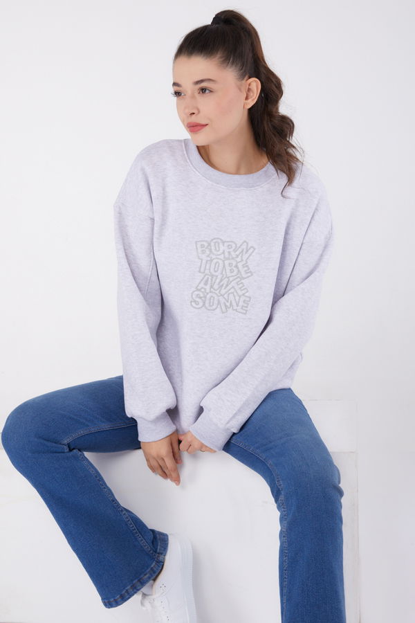 Düz Bisiklet Yaka Kadın Gri Baskılı Sweatshirt - 26475 GRİ