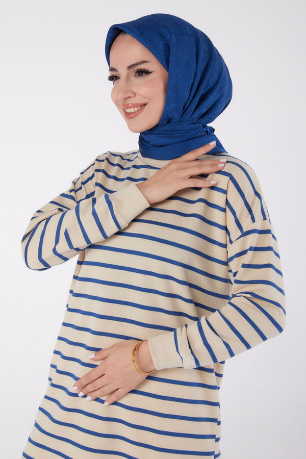 Düz Bisiklet Yaka Kadın Mavi Çizgili Aramalı Tunik - 26458 MAVİ