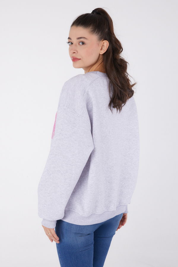 Düz Bisiklet Yaka Kadın Gri Baskılı Sweatshirt - 26473