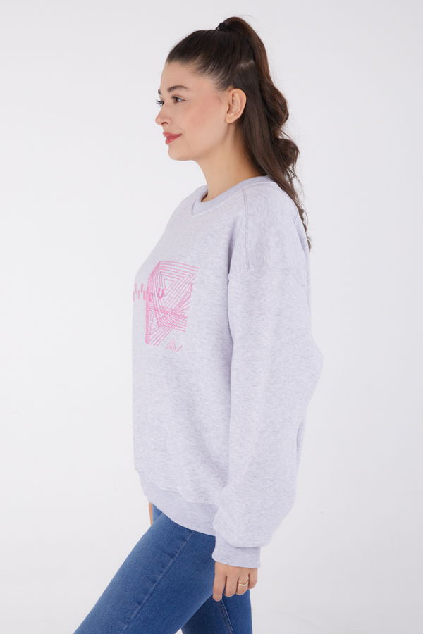 Düz Bisiklet Yaka Kadın Gri Baskılı Sweatshirt - 26473