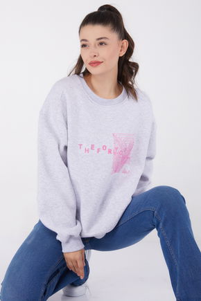 Düz Bisiklet Yaka Kadın Gri Baskılı Sweatshirt - 26473