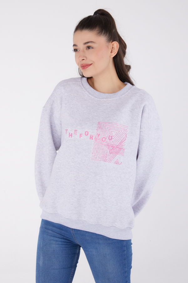 Düz Bisiklet Yaka Kadın Gri Baskılı Sweatshirt - 26473