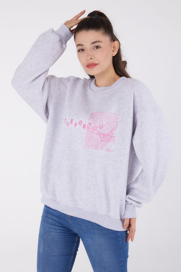 Düz Bisiklet Yaka Kadın Gri Baskılı Sweatshirt - 26473