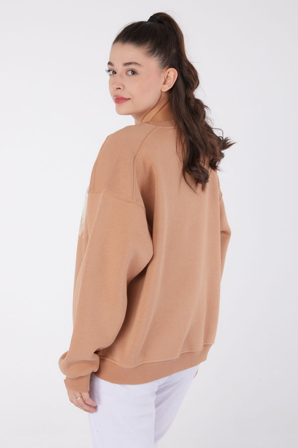 Düz Bisiklet Yaka Kadın Vizon Baskılı Sweatshirt - 26473