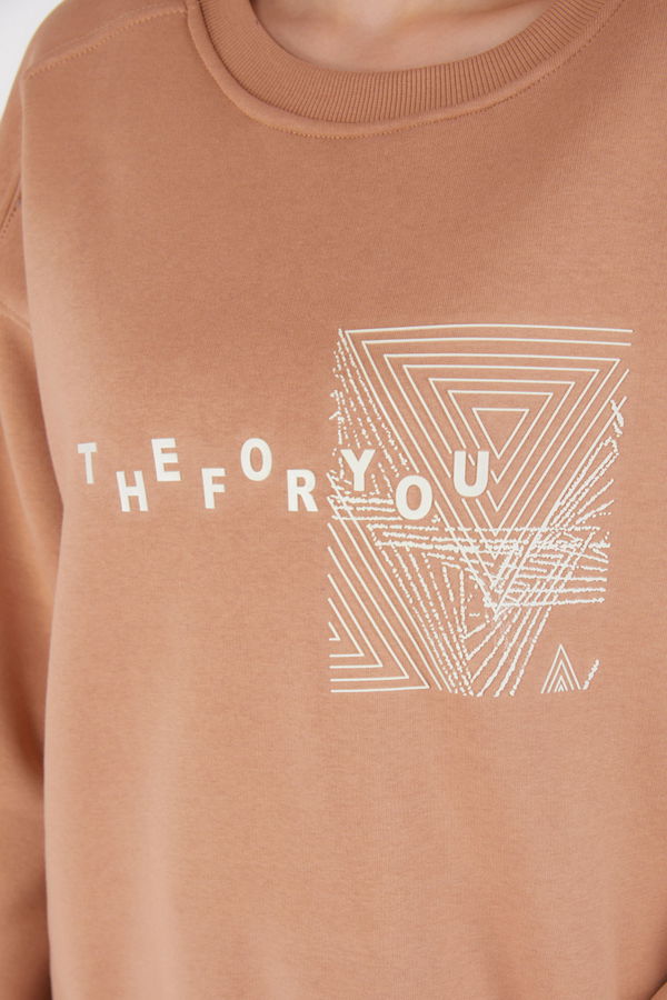 Düz Bisiklet Yaka Kadın Vizon Baskılı Sweatshirt - 26473