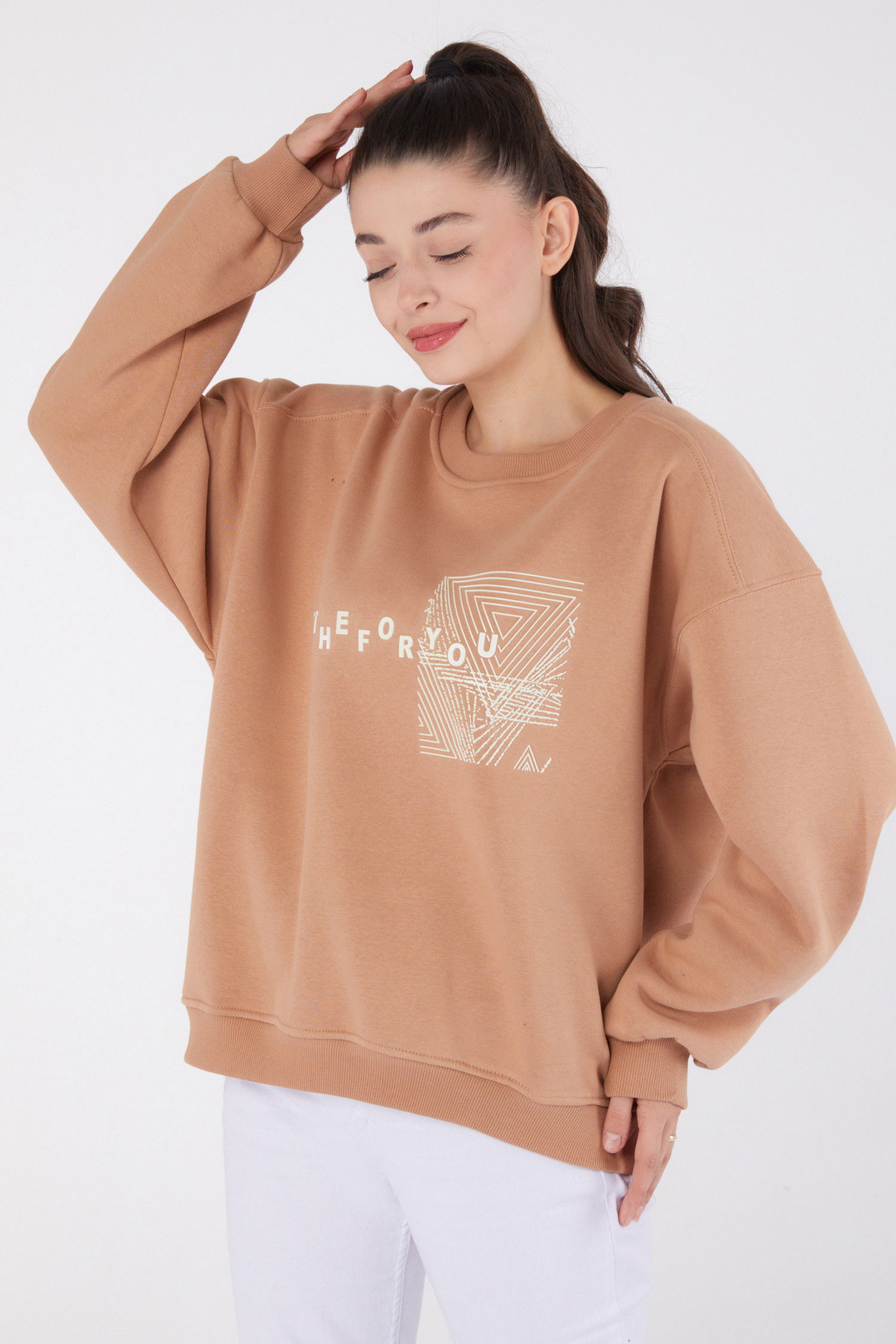 Düz Bisiklet Yaka Kadın Vizon Baskılı Sweatshirt - 26473
