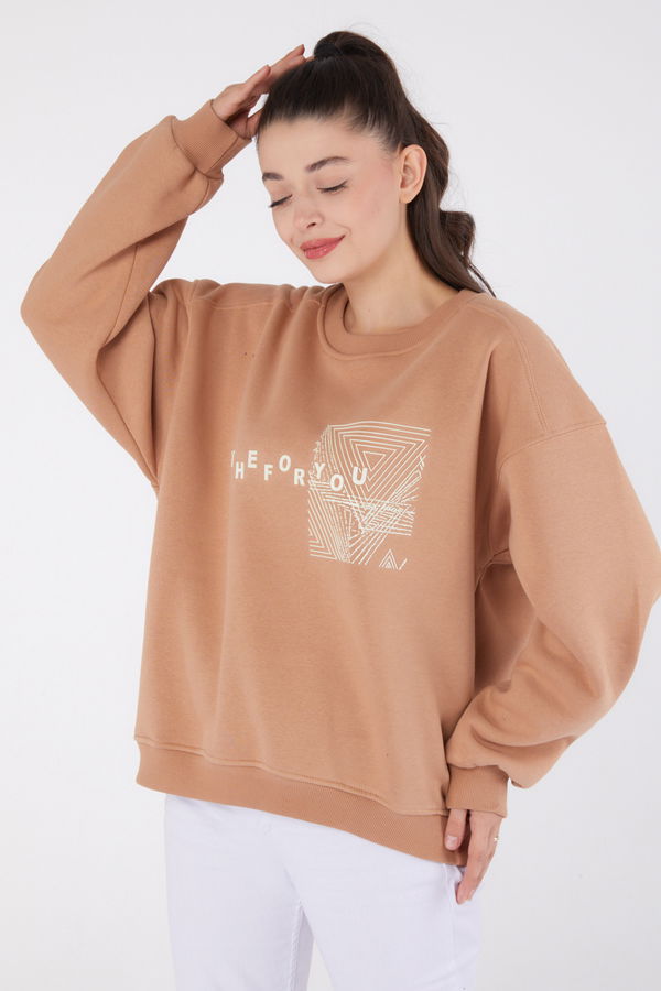 Düz Bisiklet Yaka Kadın Vizon Baskılı Sweatshirt - 26473