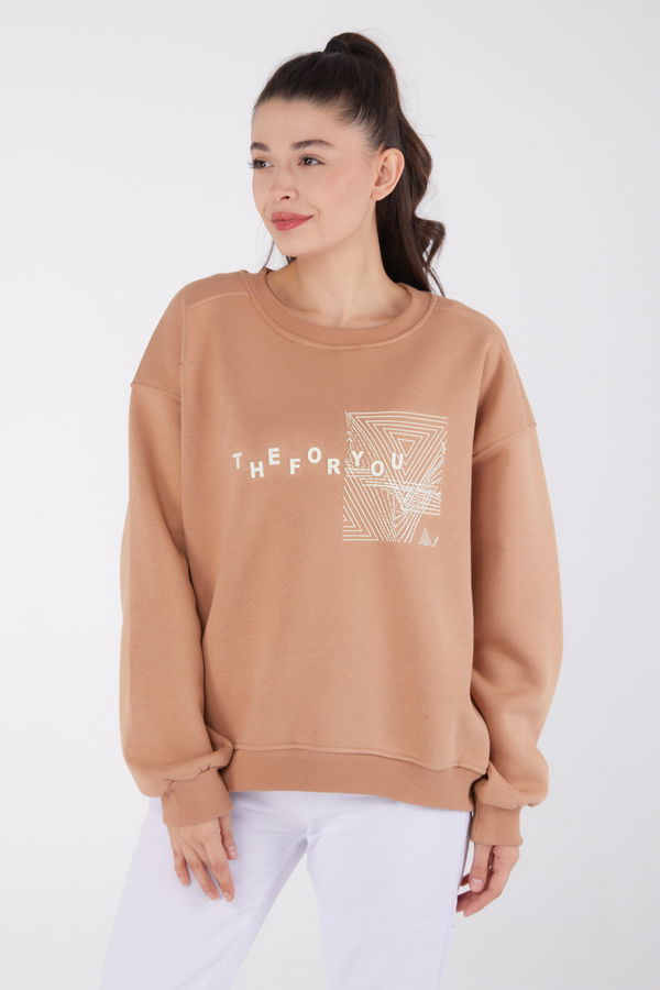 Düz Bisiklet Yaka Kadın Vizon Baskılı Sweatshirt - 26473