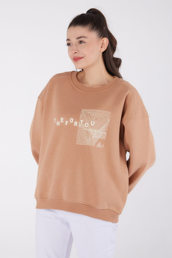 Düz Bisiklet Yaka Kadın Vizon Baskılı Sweatshirt - 26473