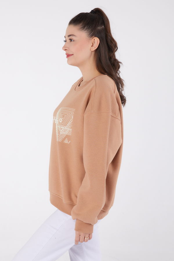 Düz Bisiklet Yaka Kadın Vizon Baskılı Sweatshirt - 26473