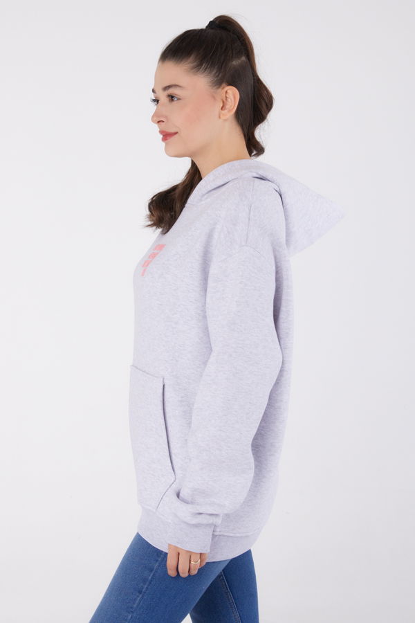 Düz Kapşonlu Yaka Kadın Gri Baskılı Sweatshirt - 26474