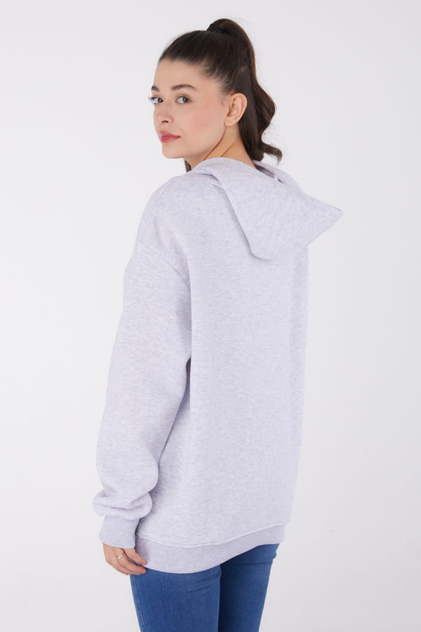 Düz Kapşonlu Yaka Kadın Gri Baskılı Sweatshirt - 26474
