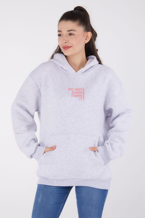Düz Kapşonlu Yaka Kadın Gri Baskılı Sweatshirt - 26474