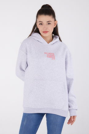 Düz Kapşonlu Yaka Kadın Gri Baskılı Sweatshirt - 26474