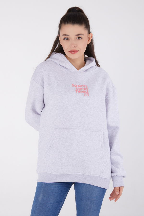 Düz Kapşonlu Yaka Kadın Gri Baskılı Sweatshirt - 26474