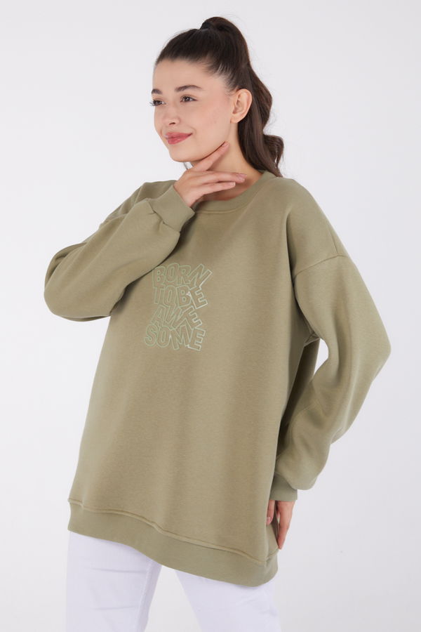 Düz Bisiklet Yaka Kadın Haki Baskılı Sweatshirt - 26475 HAKİ