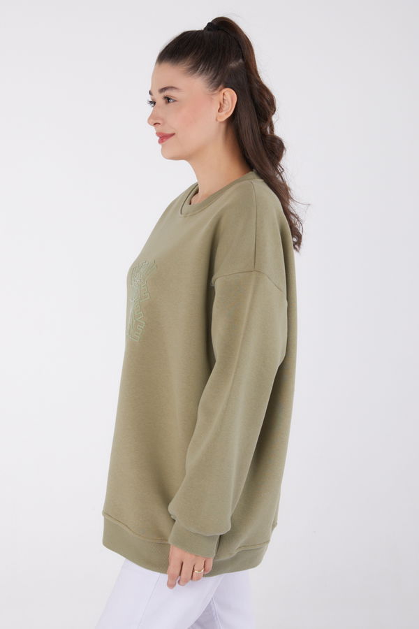 Düz Bisiklet Yaka Kadın Haki Baskılı Sweatshirt - 26475 HAKİ