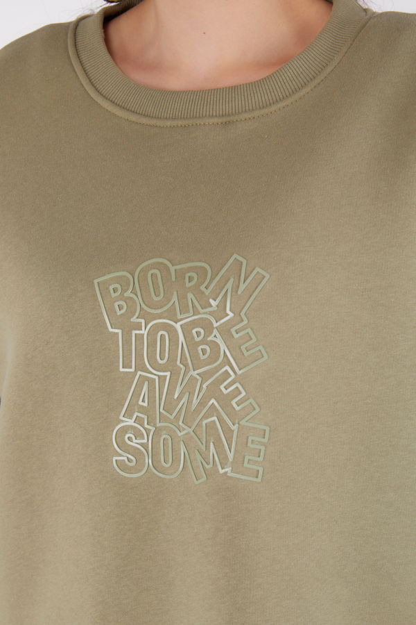 Düz Bisiklet Yaka Kadın Haki Baskılı Sweatshirt - 26475 HAKİ