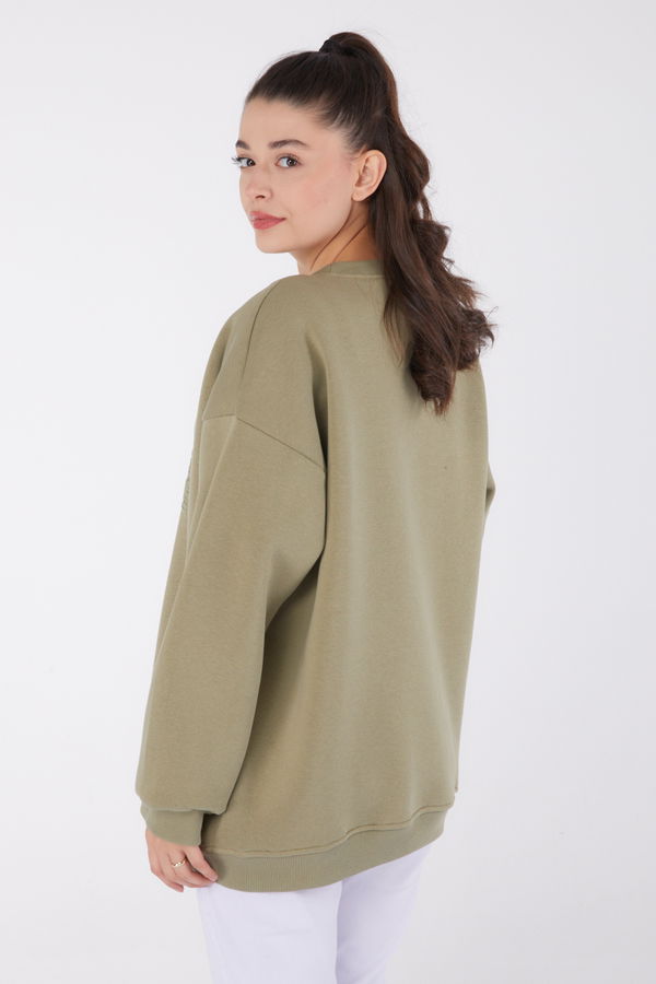 Düz Bisiklet Yaka Kadın Haki Baskılı Sweatshirt - 26475 HAKİ