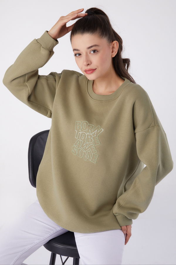 Düz Bisiklet Yaka Kadın Haki Baskılı Sweatshirt - 26475 HAKİ