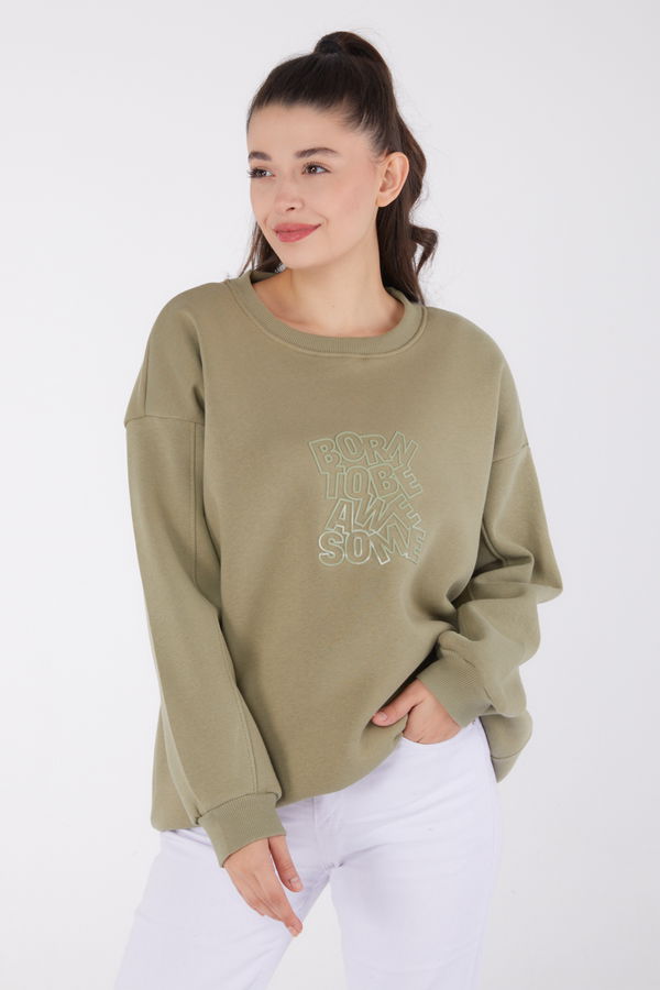 Düz Bisiklet Yaka Kadın Haki Baskılı Sweatshirt - 26475 HAKİ