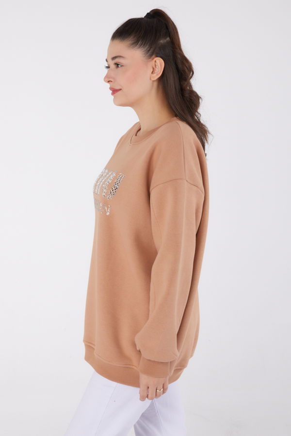 Düz Bisiklet Yaka Kadın Vizon Taşlı Sweatshirt - 26478 VİZON