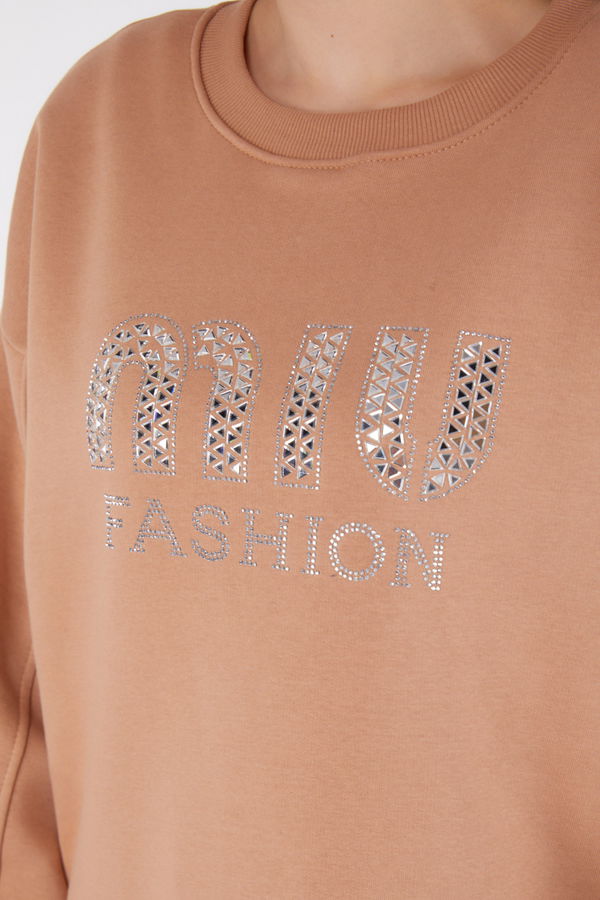 Düz Bisiklet Yaka Kadın Vizon Taşlı Sweatshirt - 26478 VİZON