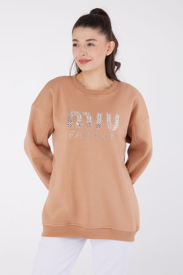 Düz Bisiklet Yaka Kadın Vizon Taşlı Sweatshirt - 26478 VİZON