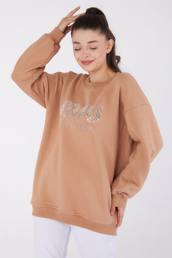 Düz Bisiklet Yaka Kadın Vizon Taşlı Sweatshirt - 26478 VİZON