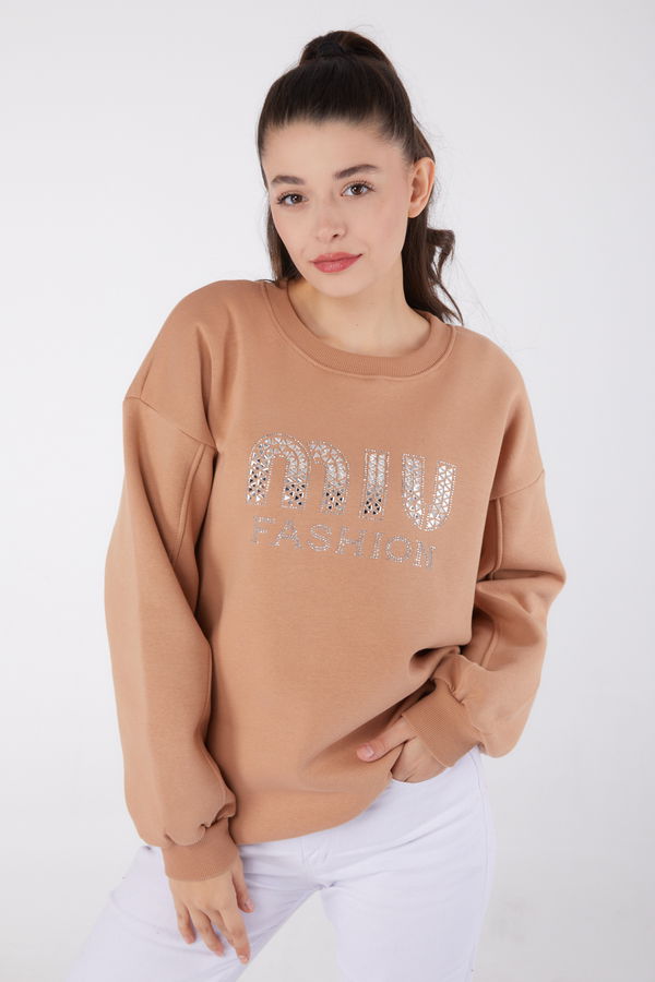 Düz Bisiklet Yaka Kadın Vizon Taşlı Sweatshirt - 26478 VİZON