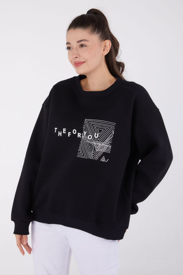 Düz Bisiklet Yaka Kadın Siyah Baskılı Sweatshirt - 26473