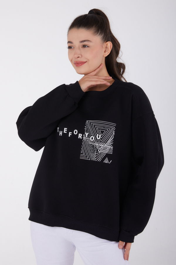 Düz Bisiklet Yaka Kadın Siyah Baskılı Sweatshirt - 26473