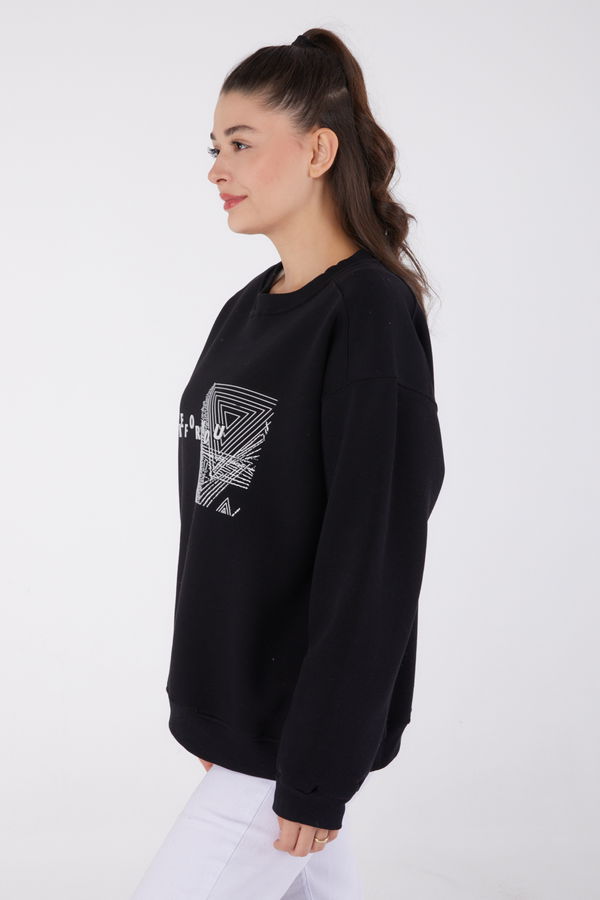 Düz Bisiklet Yaka Kadın Siyah Baskılı Sweatshirt - 26473