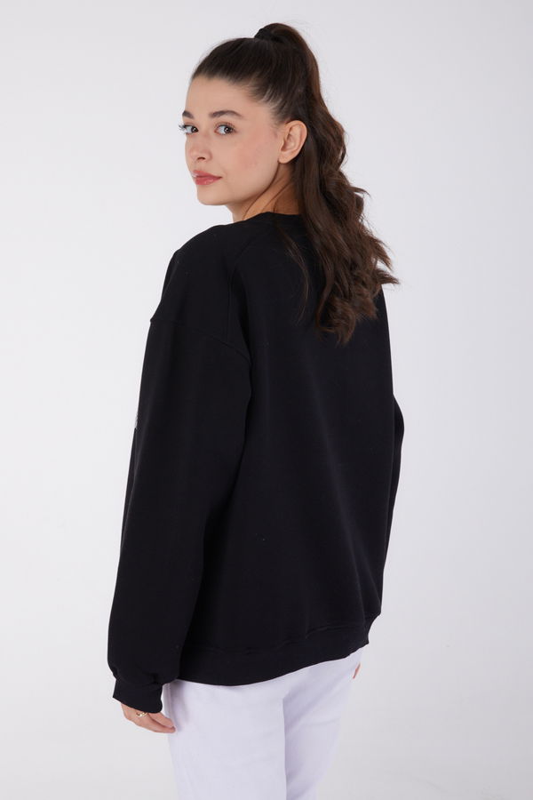 Düz Bisiklet Yaka Kadın Siyah Baskılı Sweatshirt - 26473