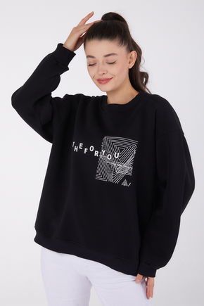 Düz Bisiklet Yaka Kadın Siyah Baskılı Sweatshirt - 26473