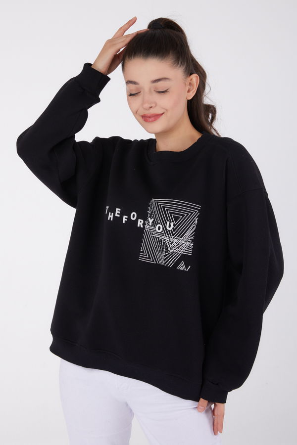 Düz Bisiklet Yaka Kadın Siyah Baskılı Sweatshirt - 26473