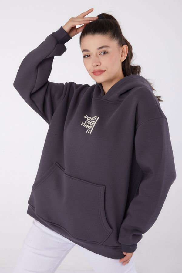 Düz Kapşonlu Yaka Kadın Antrasit Baskılı Sweatshirt - 26474