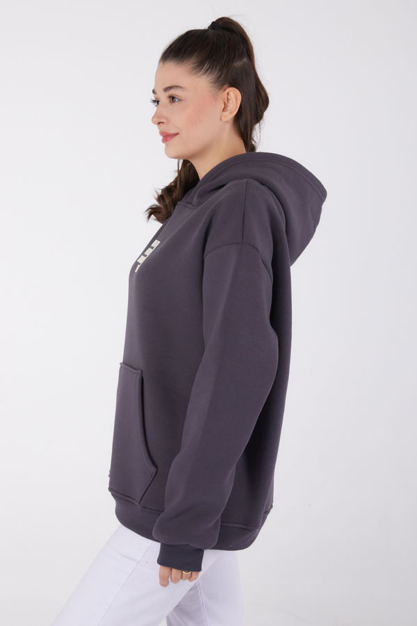 Düz Kapşonlu Yaka Kadın Antrasit Baskılı Sweatshirt - 26474