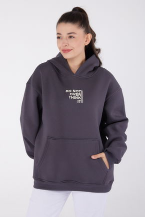 Düz Kapşonlu Yaka Kadın Antrasit Baskılı Sweatshirt - 26474